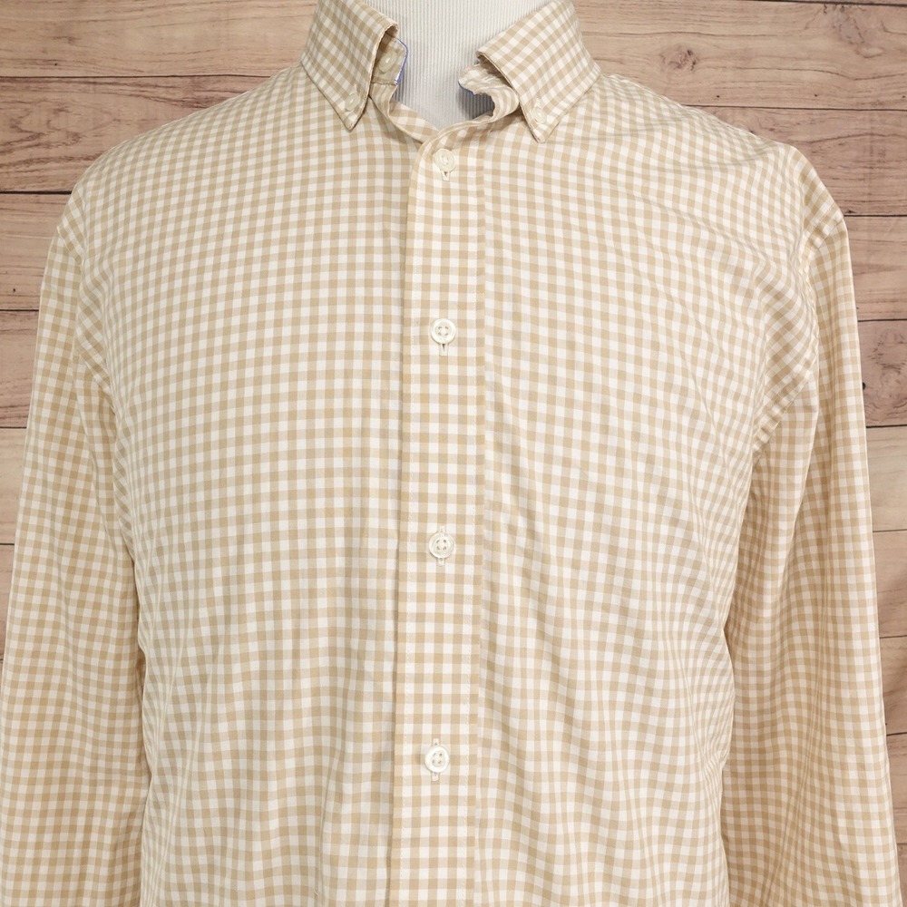 Nautica Button Down Shirt Mens XL Tan Gingham Classic Fit Wrinkle Resistant